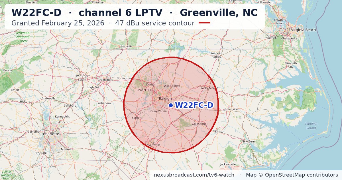 Map of the 47 dBu service contour of W22FC-D channel 6 LPTV, Greenville, NC