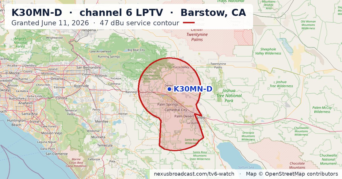 Map of the 47 dBu service contour of K30MN-D channel 6 LPTV, Barstow, CA