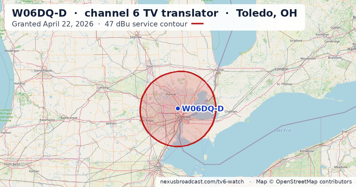 Map of the 47 dBu service contour of W06DQ-D channel 6 TV translator, Toledo, OH