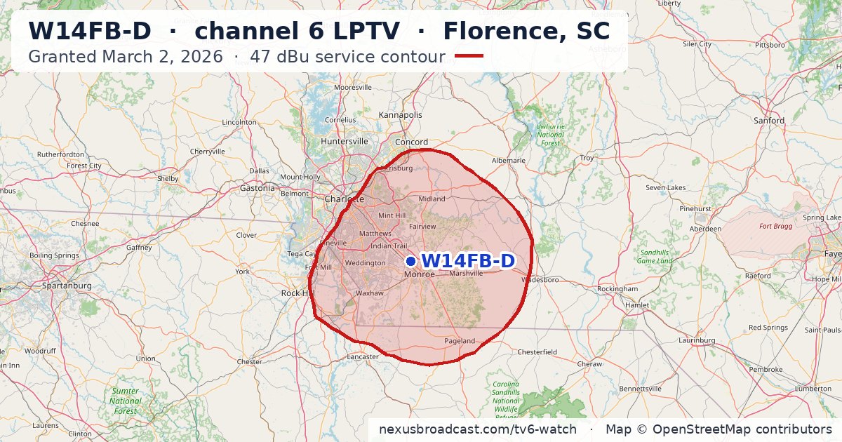 Map of the 47 dBu service contour of W14FB-D channel 6 LPTV, Florence, SC