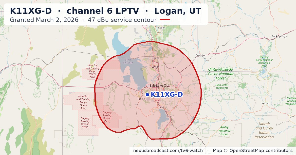 Map of the 47 dBu service contour of K11XG-D channel 6 LPTV, Logan, UT