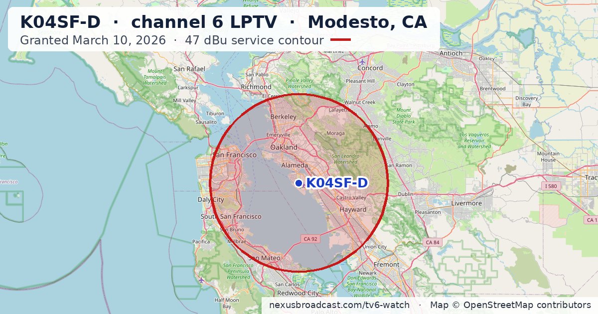 Map of the 47 dBu service contour of K04SF-D channel 6 LPTV, Modesto, CA
