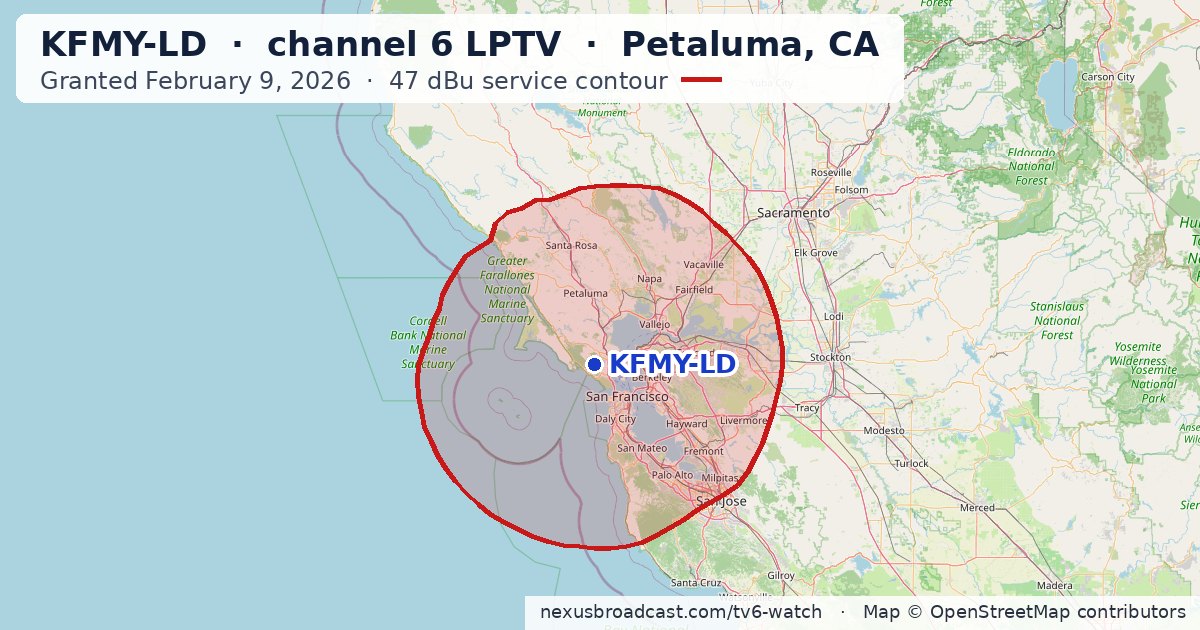Map of the 47 dBu service contour of KFMY-LD channel 6 LPTV, Petaluma, CA