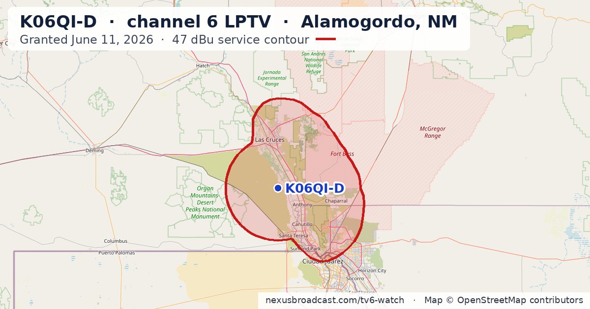 Map of the 47 dBu service contour of K06QI-D channel 6 LPTV, Alamogordo, NM