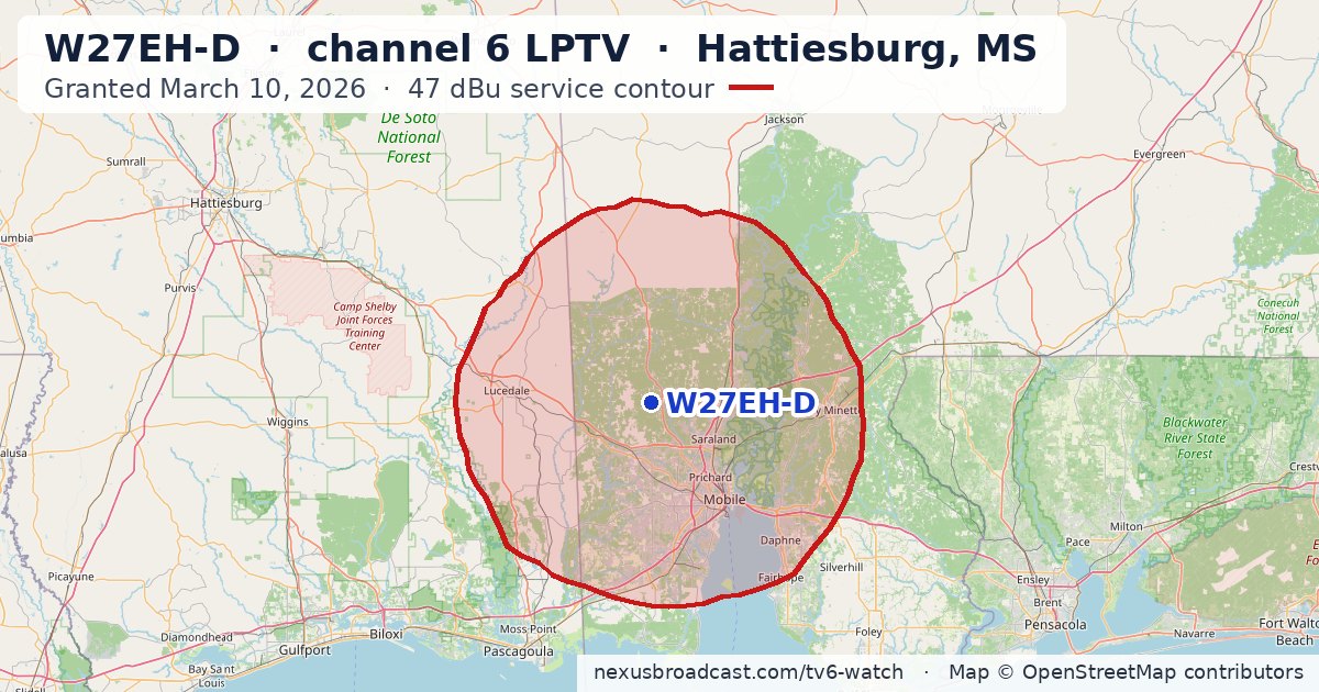 Map of the 47 dBu service contour of W27EH-D channel 6 LPTV, Hattiesburg, MS