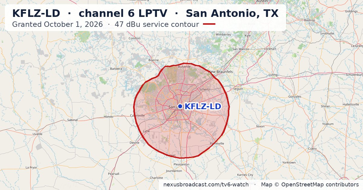 Map of the 47 dBu service contour of KFLZ-LD channel 6 LPTV, San Antonio, TX