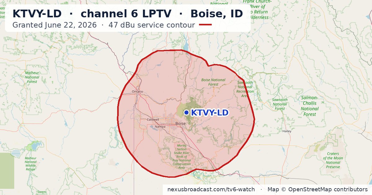 Map of the 47 dBu service contour of KTVY-LD channel 6 LPTV, Boise, ID