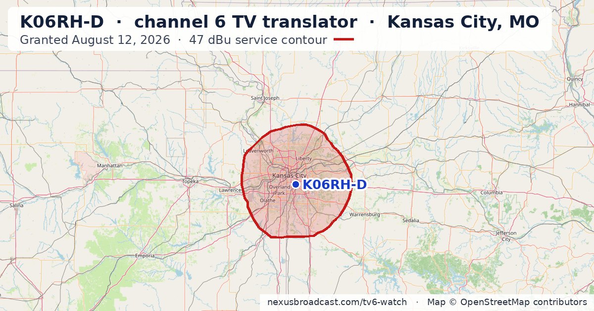 Map of the 47 dBu service contour of K06RH-D channel 6 TV translator, Kansas City, MO