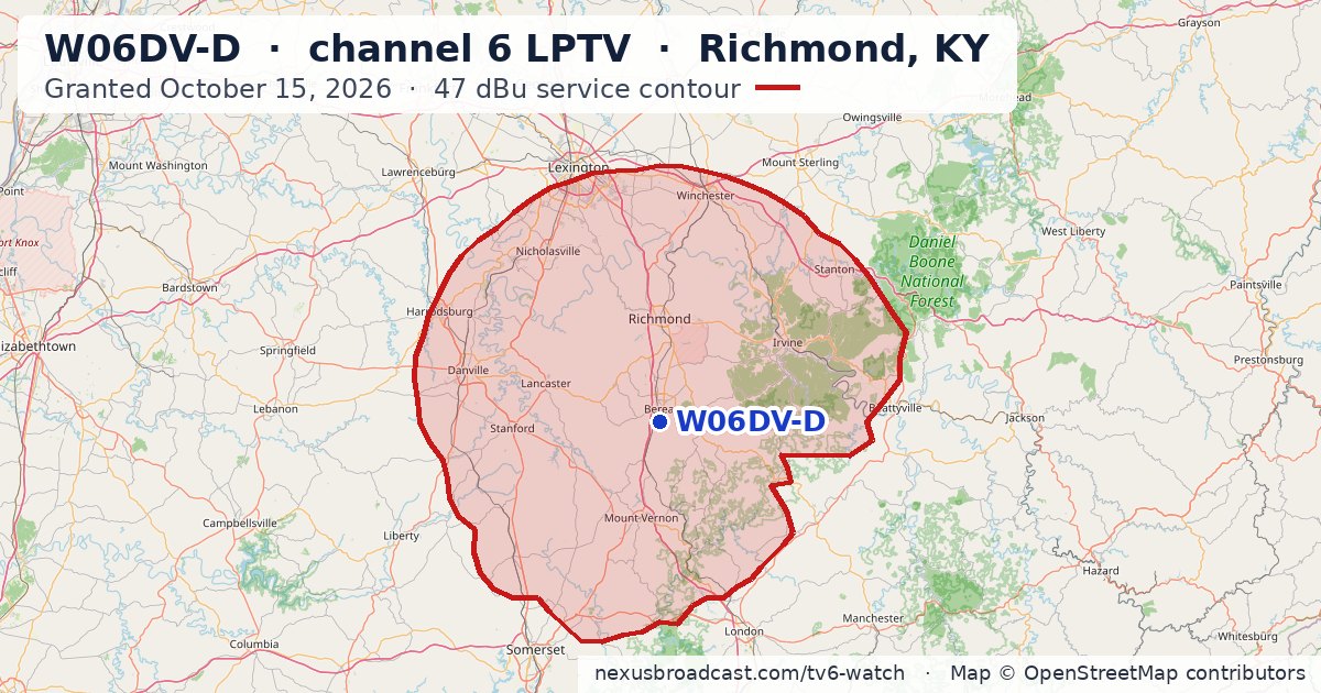 Map of the 47 dBu service contour of W06DV-D channel 6 LPTV, Richmond, KY