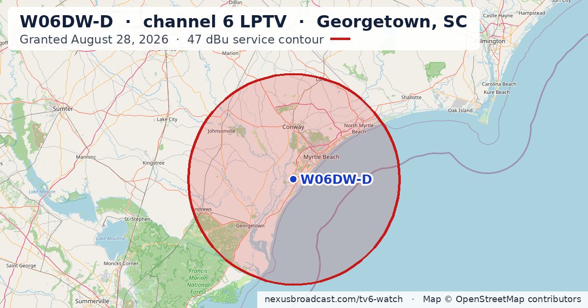Map of the 47 dBu service contour of W06DW-D channel 6 LPTV, Georgetown, SC