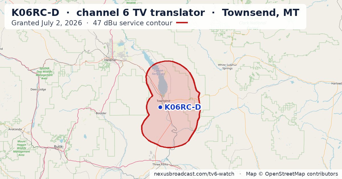 Map of the 47 dBu service contour of K06RC-D channel 6 TV translator, Townsend, MT