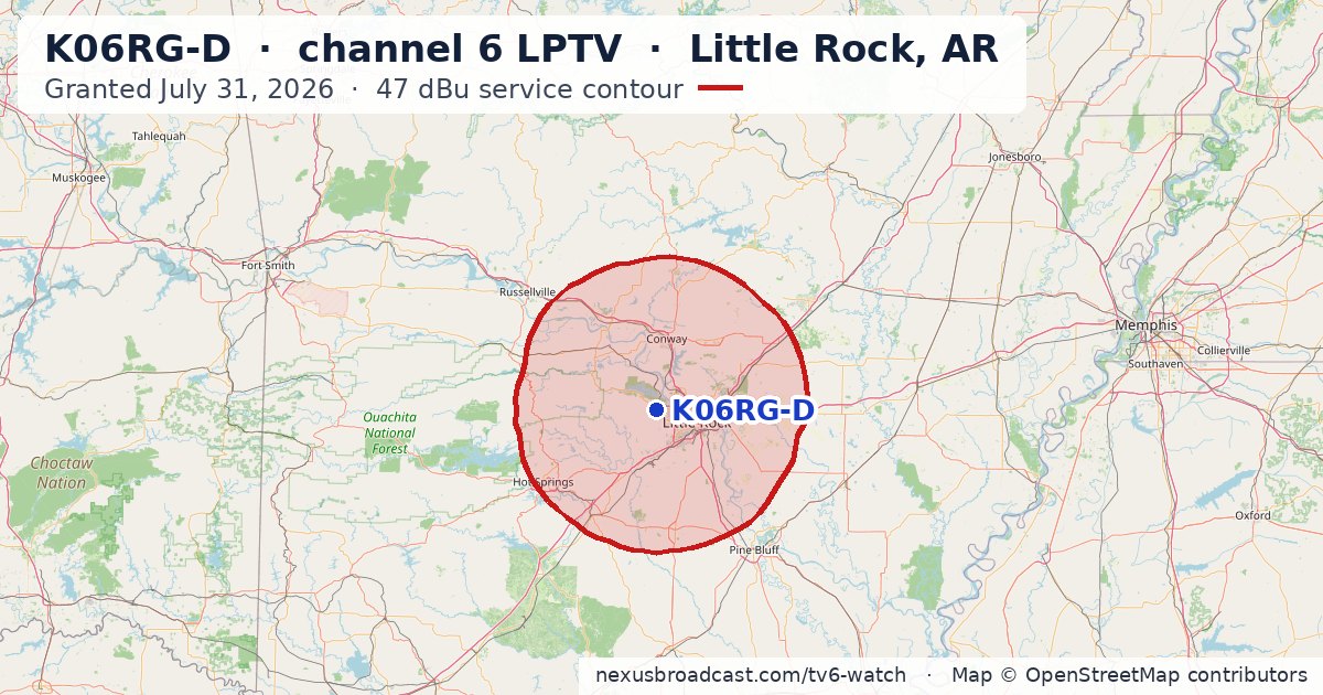Map of the 47 dBu service contour of K06RG-D channel 6 LPTV, Little Rock, AR