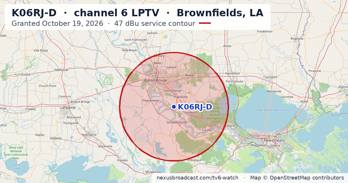Map of the 47 dBu service contour of K06RJ-D channel 6 LPTV, Brownfields, LA