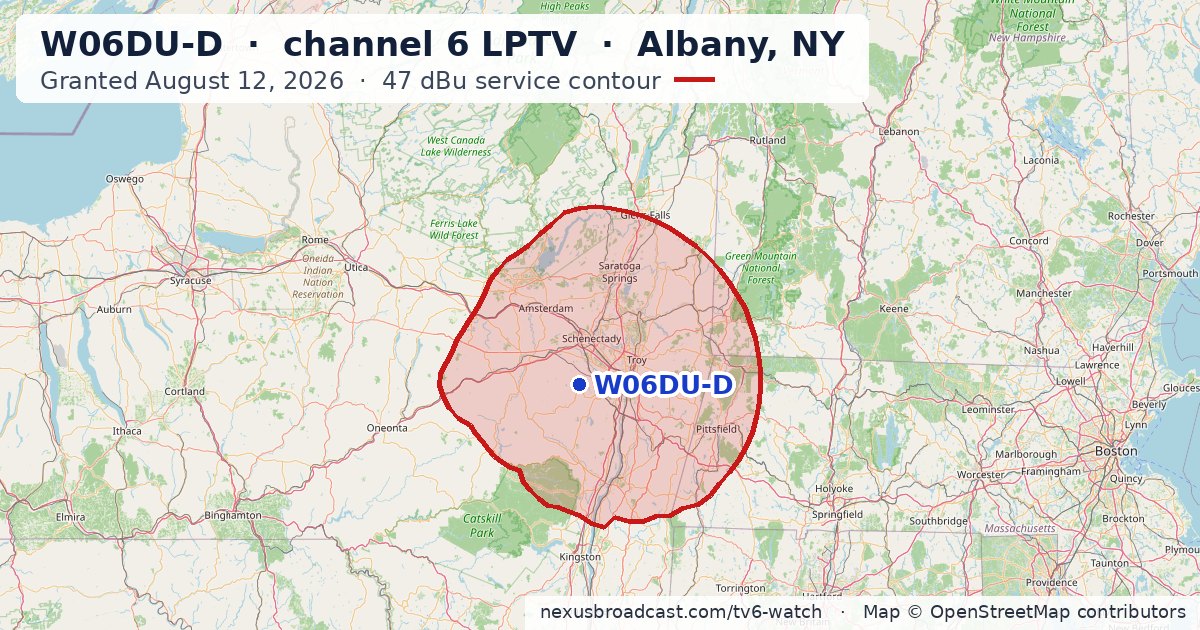 Map of the 47 dBu service contour of W06DU-D channel 6 LPTV, Albany, NY
