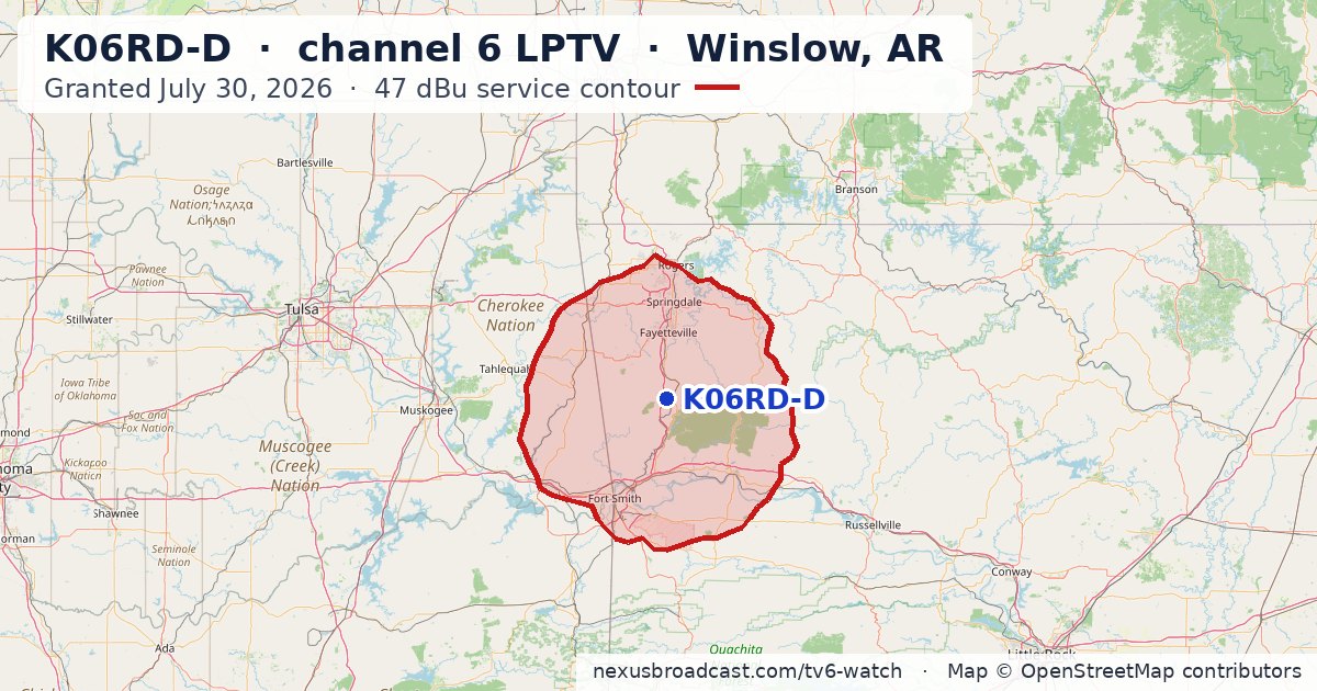 Map of the 47 dBu service contour of K06RD-D channel 6 LPTV, Winslow, AR
